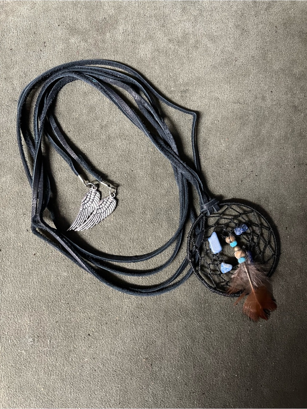 Boho Black Dreamcatcher Necklace or purse charm on  black leather lace w/silver